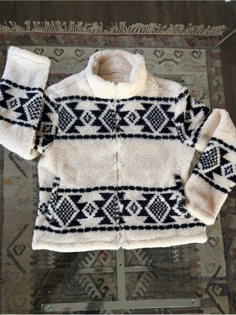 Lucky Brand Cream Sherpa Zip Jacket with Black Aztec Motif